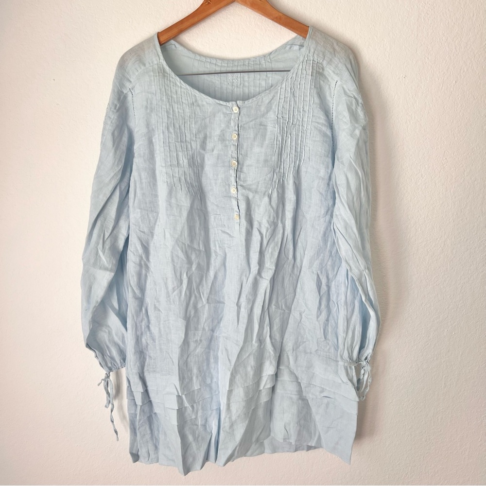 120% Lino Light Blue Italian Linen Floral Embroidered Dress Sz M
